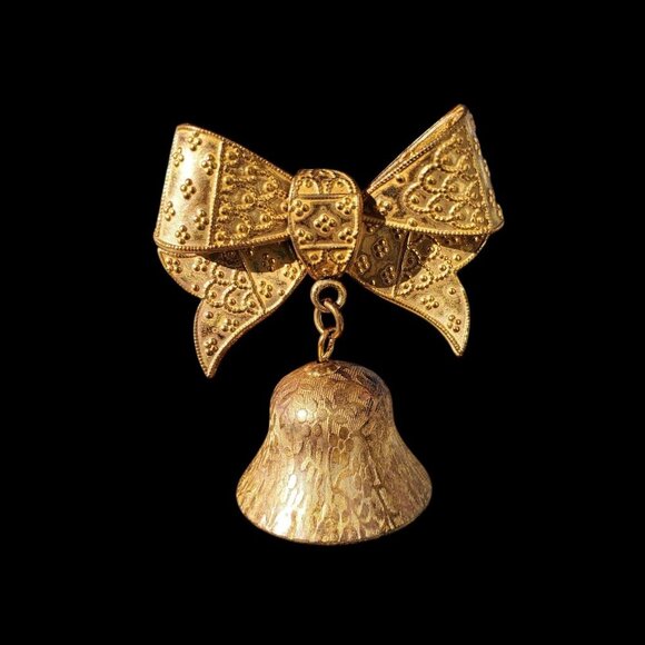 Miriam Haskell Gold Tone Bow With Bell Brooch Textured Very RARE Christmas - Picture 1 of 15